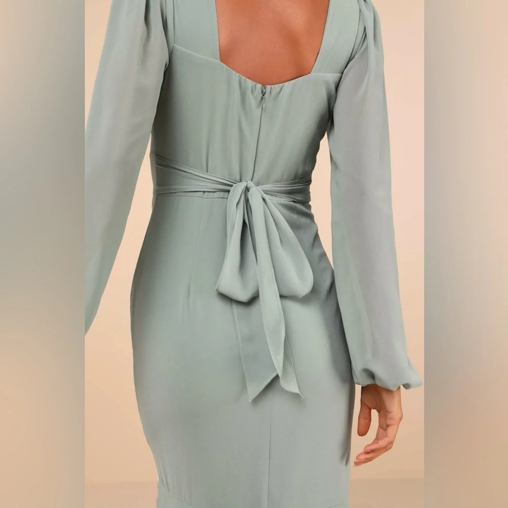 Lulus Tier Elegance Tiered Maxi Dress Large Sage Green Chiffon Long Sleeve *FLAW - Picture 3 of 12